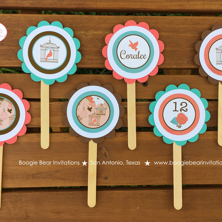 Garden Birds Birthday Party Cupcake Toppers Girl Woodland Birdcage Flower Coral Teal Garden Picnic Set Boogie Bear Invitations Coralee Theme