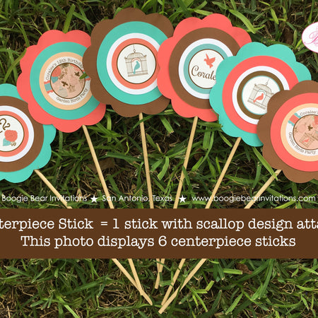 Garden Birds Party Centerpiece Stick Birthday Set Girl Woodland Birdcage Coral Teal Vintage Flowers Boogie Bear Invitations Coralee Theme