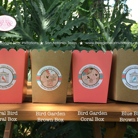 Garden Birds Popcorn Boxes Mini Food Buffet Birthday Party Girl Birdcage Coral Teal Woodland Forest Boogie Bear Invitations Coralee Theme