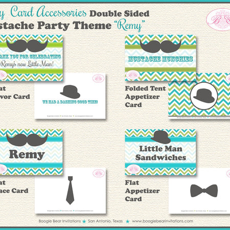 Mustache Baby Shower Favor Party Card Tent Place Food Boy Hat Tie Little Man Aqua Blue Lime Birthday Kids Boogie Bear Invitations Remy Theme
