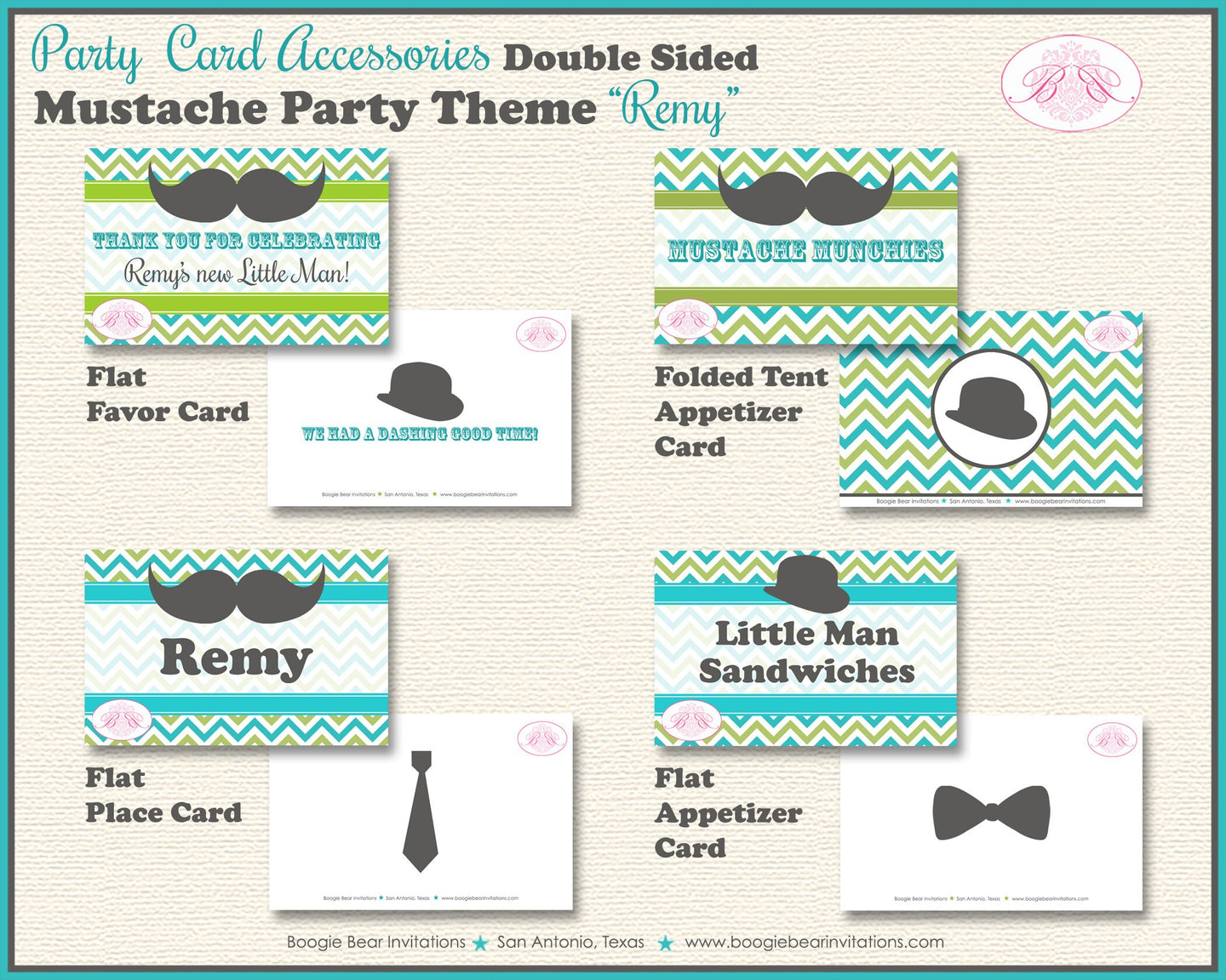 Mustache Baby Shower Favor Party Card Tent Place Food Boy Hat Tie Little Man Aqua Blue Lime Birthday Kids Boogie Bear Invitations Remy Theme