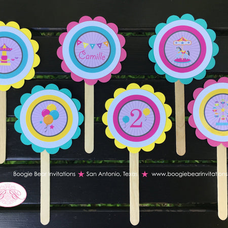 Amusement Park Party Cupcake Toppers Birthday Carousel Horse Girl Pink Blue Game Ferris Wheel Circus Boogie Bear Invitations Camille Theme