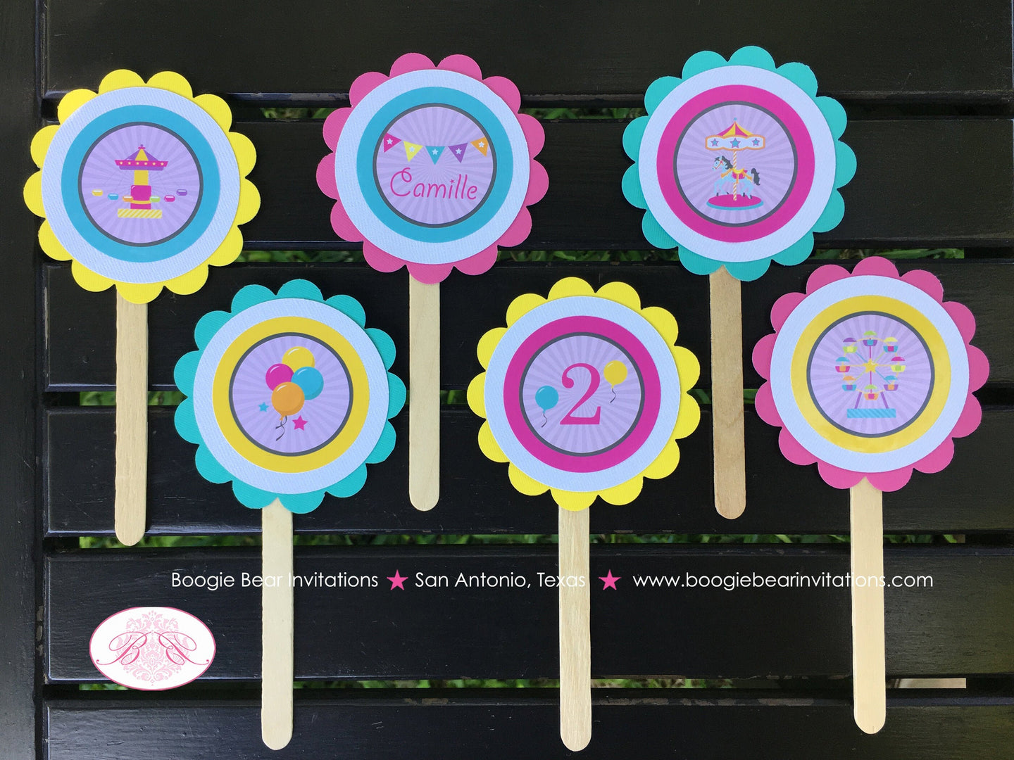 Amusement Park Party Cupcake Toppers Birthday Carousel Horse Girl Pink Blue Game Ferris Wheel Circus Boogie Bear Invitations Camille Theme
