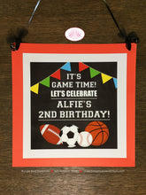 Load image into Gallery viewer, Sports Birthday Door Banner Happy Party Red Yellow Green Blue Baseball Soccer Basketball Football Team Boogie Bear Invitations Alfie Theme