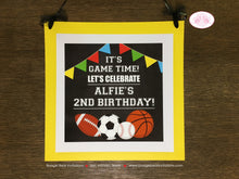 Load image into Gallery viewer, Sports Birthday Door Banner Happy Party Red Yellow Green Blue Baseball Soccer Basketball Football Team Boogie Bear Invitations Alfie Theme