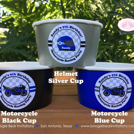Motorcycle Birthday Party Treat Cups Candy Buffet Appetizer Food Black Blue Boy Girl Motocross Raceway Boogie Bear Invitations Randy Theme