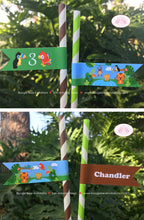 Load image into Gallery viewer, Rain Forest Birthday Party Straws Pennant Paper Girl Boy Rainforest Zoo Animals Wild Jungle Amazon Boogie Bear Invitations Chandler Theme