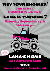 Monster Truck Birthday Party Invitation Girl Pink Arena Mud Smash Jam Event Boogie Bear Invitations Lana Theme Paperless Printable Printed