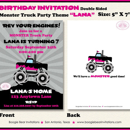Monster Truck Birthday Party Invitation Girl Pink Arena Mud Smash Jam Event Boogie Bear Invitations Lana Theme Paperless Printable Printed
