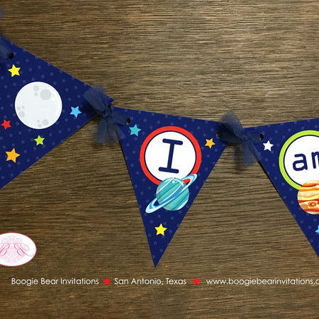 Outer Space Pennant I am 1 Banner Birthday Party Highchair Boy Girl Planet Science 1st 2nd 3rd 4th 5th Boogie Bear Invitations Galileo Theme