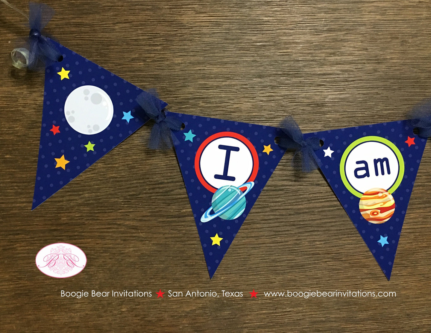Outer Space Pennant I am 1 Banner Birthday Party Highchair Boy Girl Planet Science 1st 2nd 3rd 4th 5th Boogie Bear Invitations Galileo Theme