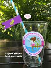 Load image into Gallery viewer, Fishing Girl Birthday Party Beverage Cups Plastic Drink Fish Blue Pink Purple Fishes Swim Rod Reel Dock Boogie Bear Invitations Vada Theme