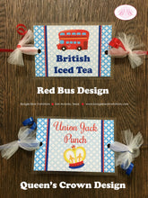 Load image into Gallery viewer, London England Party Beverage Card Wrap Birthday Drink Label UK Girl Double Decker Bus Crown Palace Boogie Bear Invitations Elizabeth Theme