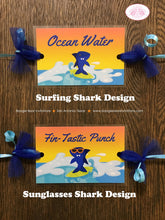 Load image into Gallery viewer, Surfer Shark Party Beverage Card Wrap Birthday Drink Label Ocean Boy Girl Surf Surfing Swim Swimming Boogie Bear Invitations Xander Theme