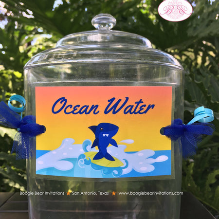 Surfer Shark Party Beverage Card Wrap Birthday Drink Label Ocean Boy Girl Surf Surfing Swim Swimming Boogie Bear Invitations Xander Theme