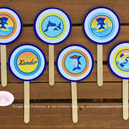 Surfer Shark Party Cupcake Toppers Birthday Boy Ocean Swimming Pool Wave Surf Surfing Beach Swim Sunset Boogie Bear Invitations Xander Theme
