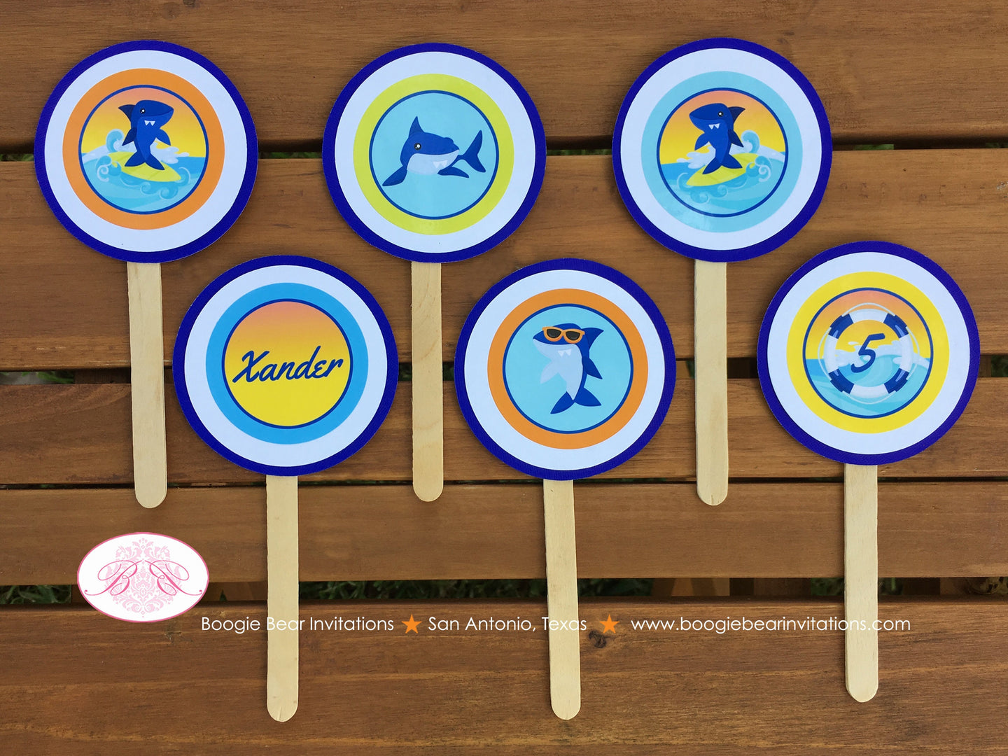 Surfer Shark Party Cupcake Toppers Birthday Boy Ocean Swimming Pool Wave Surf Surfing Beach Swim Sunset Boogie Bear Invitations Xander Theme