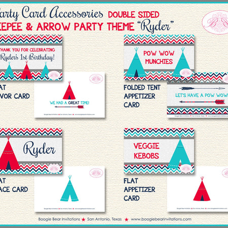 Teepee Birthday Favor Party Card Tent Place Food Tag Boy Girl Chevron Red Blue Teal Aqua Turquoise Tipi Boogie Bear Invitations Ryder Theme