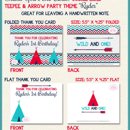 Teepee Arrow Thank You Card Birthday Party Boy Girl Chevron Teal Aqua Turquoise Tipi Camping Set Boogie Bear Invitations Ryder Theme Printed