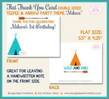 Load image into Gallery viewer, Teepee Arrow Thank You Card Birthday Party Chevron Teal Aqua Turquoise Orange Tipi Camping Tent Boogie Bear Invitations Mikasi Theme Printed