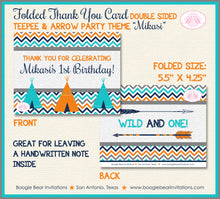 Load image into Gallery viewer, Teepee Arrow Thank You Card Birthday Party Chevron Teal Aqua Turquoise Orange Tipi Camping Tent Boogie Bear Invitations Mikasi Theme Printed