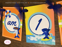 Load image into Gallery viewer, Surfer Shark Highchair I am 1 Banner Birthday Party Ocean Swimming Swim Beach Orange Blue Boy Girl 1st Boogie Bear Invitations Xander Theme