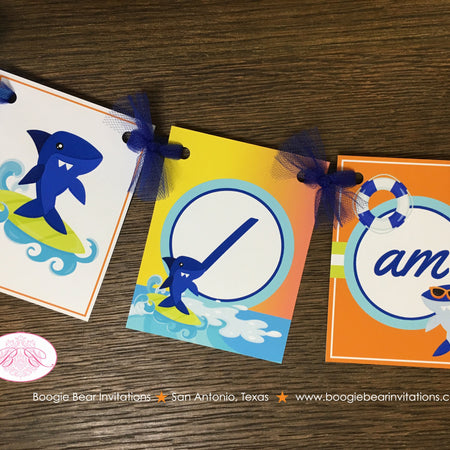 Surfer Shark Highchair I am 1 Banner Birthday Party Ocean Swimming Swim Beach Orange Blue Boy Girl 1st Boogie Bear Invitations Xander Theme