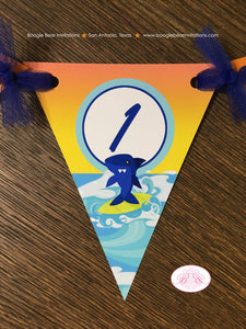 Surfer Shark Pennant I am 1 Banner Birthday Party Highchair Ocean Swimming Orange Blue Boy Girl 1st 2nd Boogie Bear Invitations Xander Theme