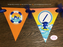 Load image into Gallery viewer, Surfer Shark Pennant I am 1 Banner Birthday Party Highchair Ocean Swimming Orange Blue Boy Girl 1st 2nd Boogie Bear Invitations Xander Theme