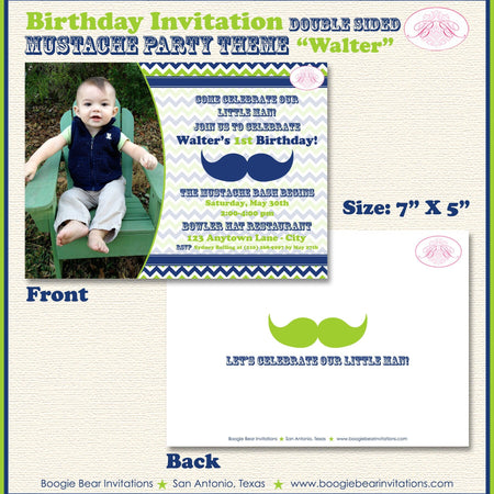 Mustache Photo Birthday Party Invitation Boy Bash Green Blue Retro Carnival Boogie Bear Invitations Walter Theme Paperless Printable Printed