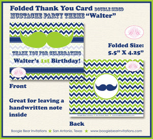 Mustache Birthday Party Thank You Card Navy Blue Lime Green White Chevron Boy Retro Bash Formal Boogie Bear Invitations Walter Theme Printed