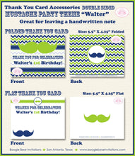 Load image into Gallery viewer, Mustache Birthday Party Thank You Card Navy Blue Lime Green White Chevron Boy Retro Bash Formal Boogie Bear Invitations Walter Theme Printed