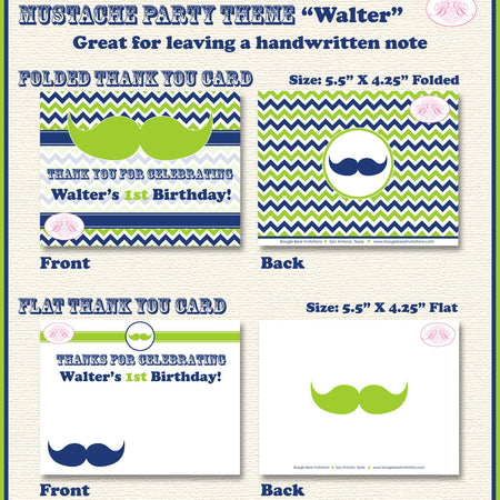 Mustache Birthday Party Thank You Card Navy Blue Lime Green White Chevron Boy Retro Bash Formal Boogie Bear Invitations Walter Theme Printed