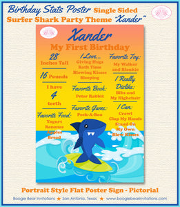 Surfer Shark Birthday Party Sign Stats Poster Frameable Chalkboard Milestone Pool Swimming Boy Girl 1st Boogie Bear Invitations Xander Theme