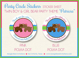 Twin Bears Baby Shower Party Stickers Circle Sheet Round Circle Boy Girl Pink Blue Green Polka Dot Boogie Bear Invitations Patricia Theme