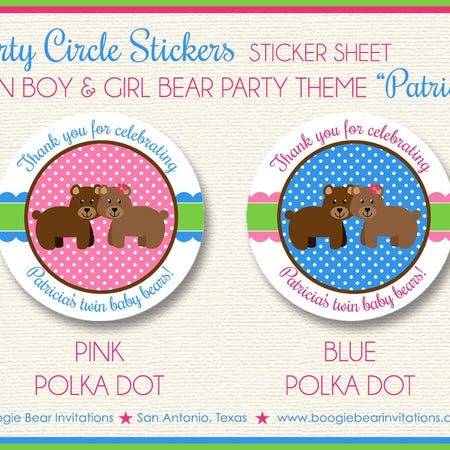 Twin Bears Baby Shower Party Stickers Circle Sheet Round Circle Boy Girl Pink Blue Green Polka Dot Boogie Bear Invitations Patricia Theme