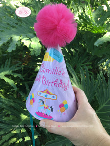 Amusement Park Birthday Party Hat Pom Honoree Carousel Carnival Girl Pink Blue Ferris Wheel Ride Swing Boogie Bear Invitations Camille Theme