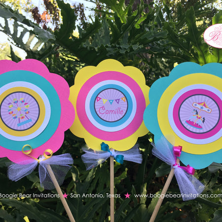 Amusement Park Party Centerpiece Set Carousel Horse Carnival Girl Pink Ferris Wheel Roller Coaster Boogie Bear Invitations Camille Theme