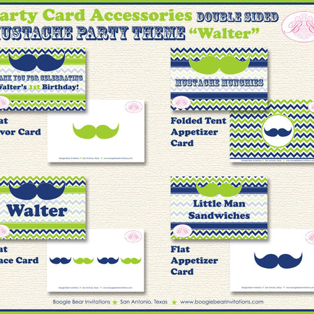 Mustache Bash Birthday Favor Party Card Tent Place Food Boy Little Man Chevron Lime Green Blue Formal Boogie Bear Invitations Walter Theme