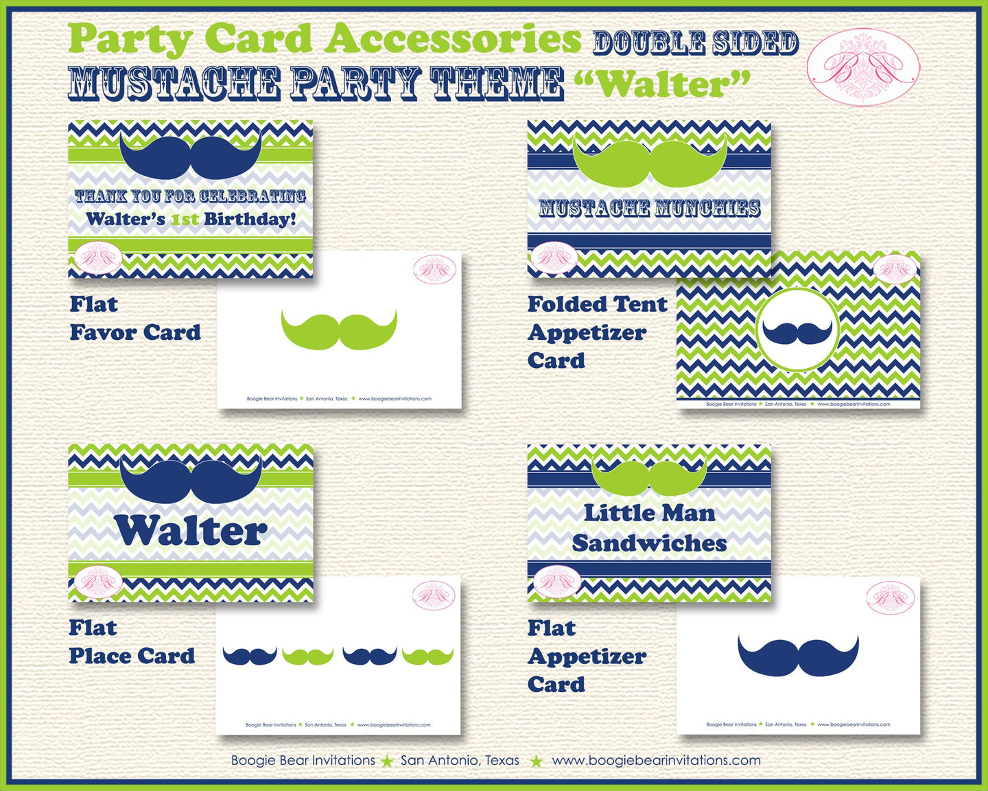 Mustache Bash Birthday Favor Party Card Tent Place Food Boy Little Man Chevron Lime Green Blue Formal Boogie Bear Invitations Walter Theme