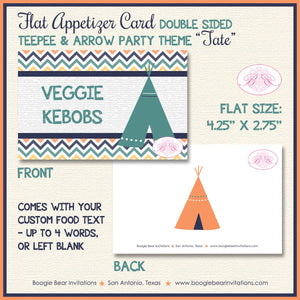 Teepee Birthday Favor Party Card Tent Place Food Tag Boy Girl Chevron Orange Navy Blue Green Tipi Camping Boogie Bear Invitations Tate Theme