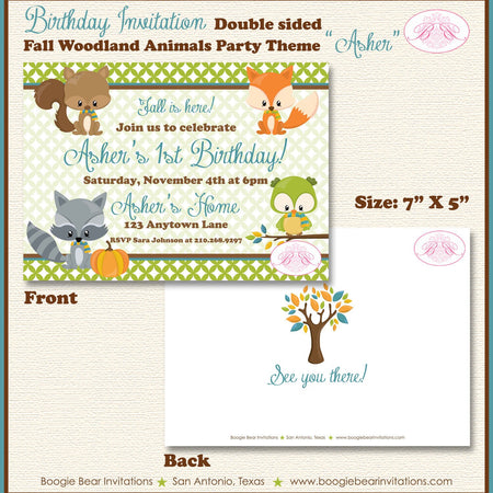 Fall Animals Birthday Party Invitation Pumpkin Boy Girl Fox Woodland Forest Boogie Bear Invitations Asher Theme Paperless Printable Printed