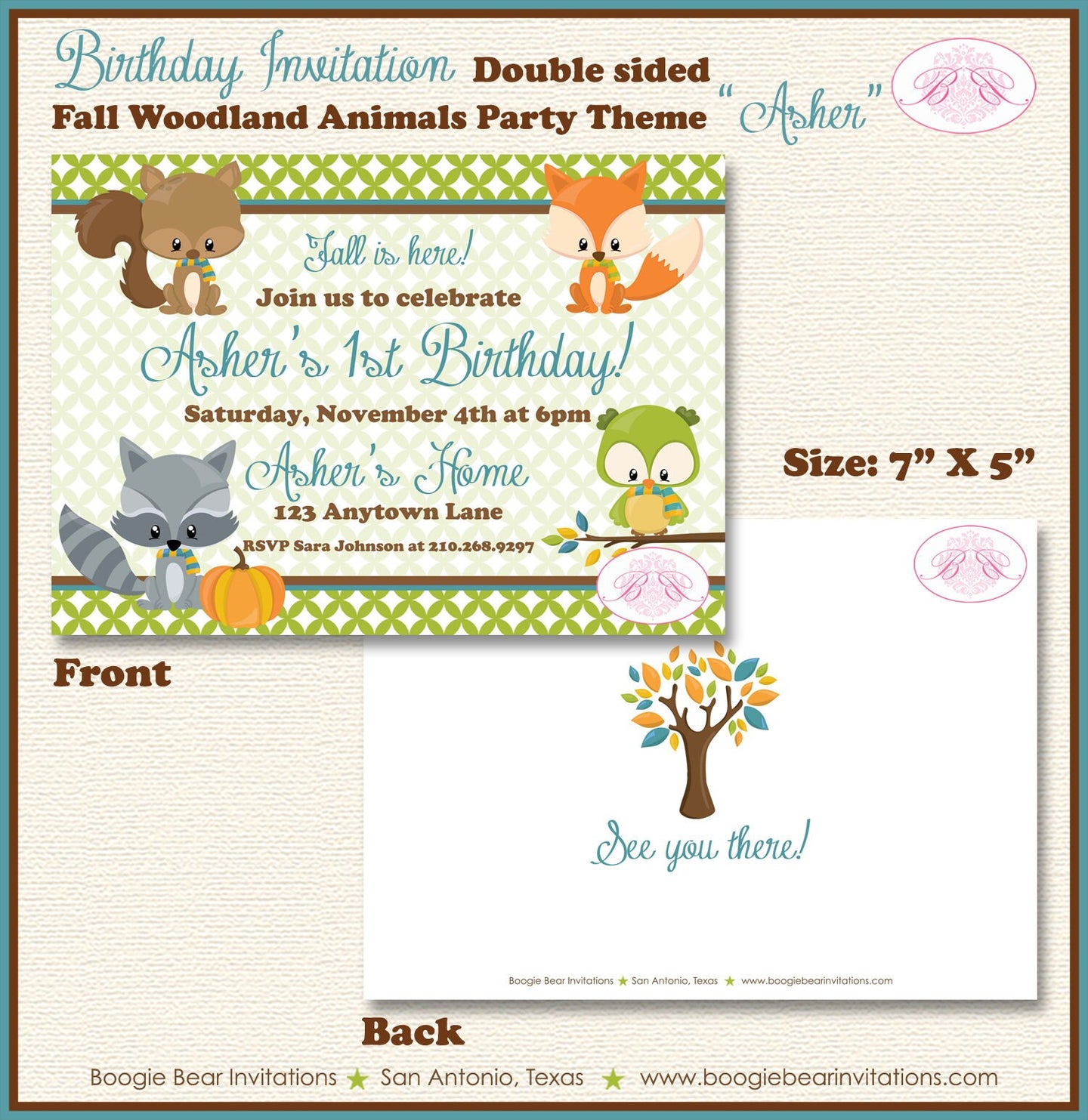 Fall Animals Birthday Party Invitation Pumpkin Boy Girl Fox Woodland Forest Boogie Bear Invitations Asher Theme Paperless Printable Printed