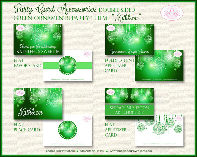 Green Glowing Ornament Birthday Party Favor Card Place Food Appetizer Girl Formal Dinner Garden Dance Boogie Bear Invitations Kathleen Theme