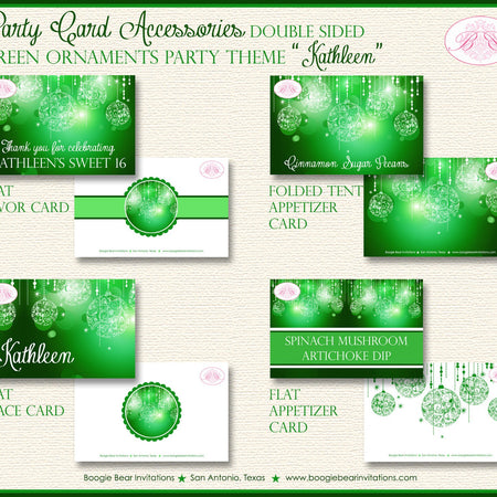 Green Glowing Ornament Birthday Party Favor Card Place Food Appetizer Girl Formal Dinner Garden Dance Boogie Bear Invitations Kathleen Theme
