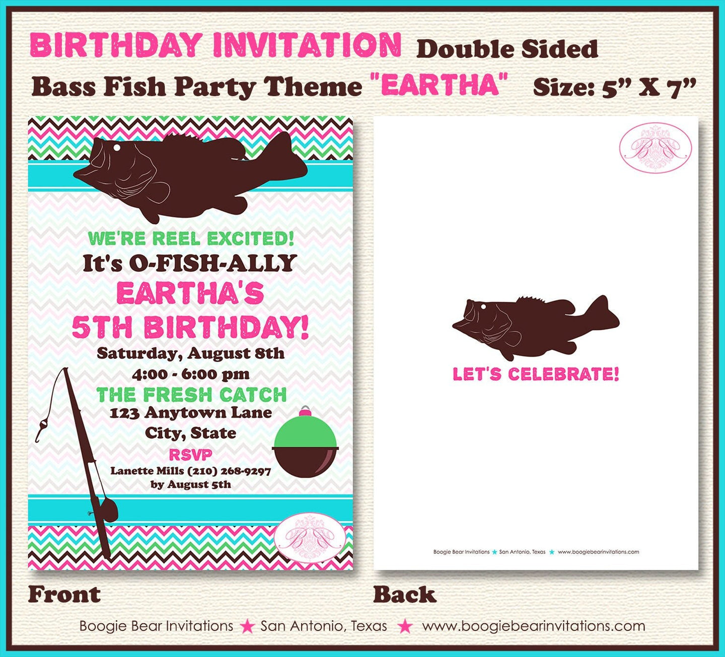 Bass Fish Fishing Birthday Party Invitation Pink Girl Rustic Lake Fly Pole Boogie Bear Invitations Eartha Theme Paperless Printable Printed