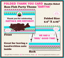 Load image into Gallery viewer, Bass Fish Fishing Birthday Thank You Card Party Girl Pink Green Aqua Blue Pole Rod Reel Fishing Boogie Bear Invitations Eartha Theme Printed