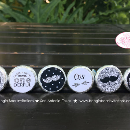 Mr Wonderful 1st Birthday Circle Stickers Candy Favor Mustache Bow Tie Boy Onederful Black Silver Party Boogie Bear Invitations Otis Theme
