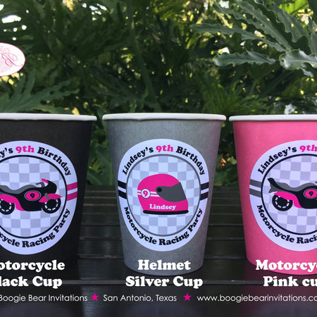 Pink Motorcycle Birthday Party Beverage Cups Paper Drink Girl Racing Enduro Race Track Bike Grand Prix Boogie Bear Invitations Lindsey Theme