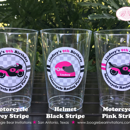 Pink Motorcycle Birthday Party Beverage Cups Plastic Drink Girl Grand Prix Enduro Racing Race Track Boogie Bear Invitations Lindsey Theme